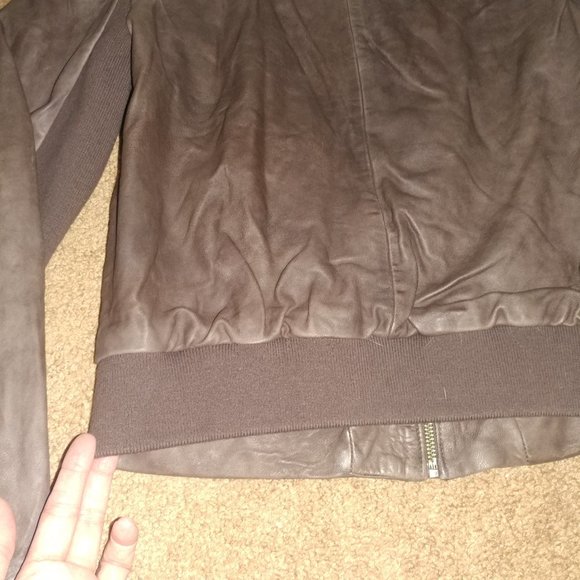 Hinge: Brown Genuine Leather Jacket With Knit Trim - Women's Size Small - Picture 10 of 15